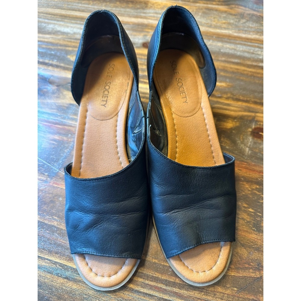 Black Leather d'Orsay Sandals Peep Toe Stacked Block Heel Sole Society Woman 8.5